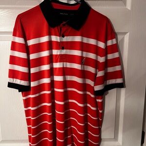 Nautica Red and White Striped Polo with Black Accents